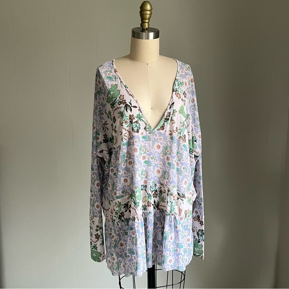 Free People Isabelle Floral Tunic Top Medium Baggy Oversized Flowy Peasant Boho - Picture 15 of 16